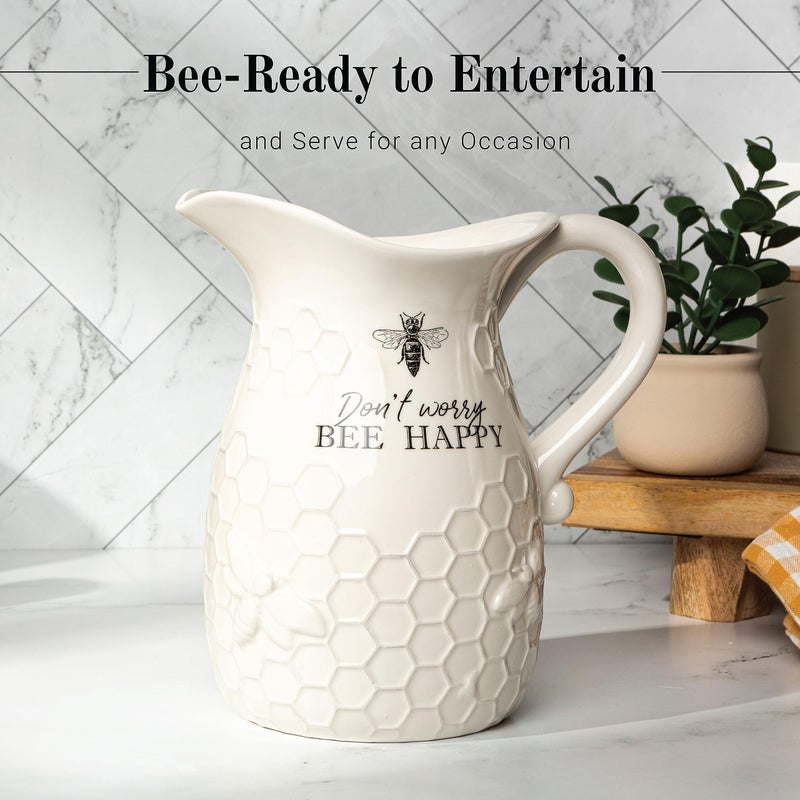 Young's Inc. Ceramic Water Pitcher - Large Serving Pitcher for Iced Tea, Coffee, and Cold Drinks - Ideal for Family Gatherings, Dinner Parties, and Brunches - 9" x 9" x 10" - Don't Worry Bee Happy - Image 2